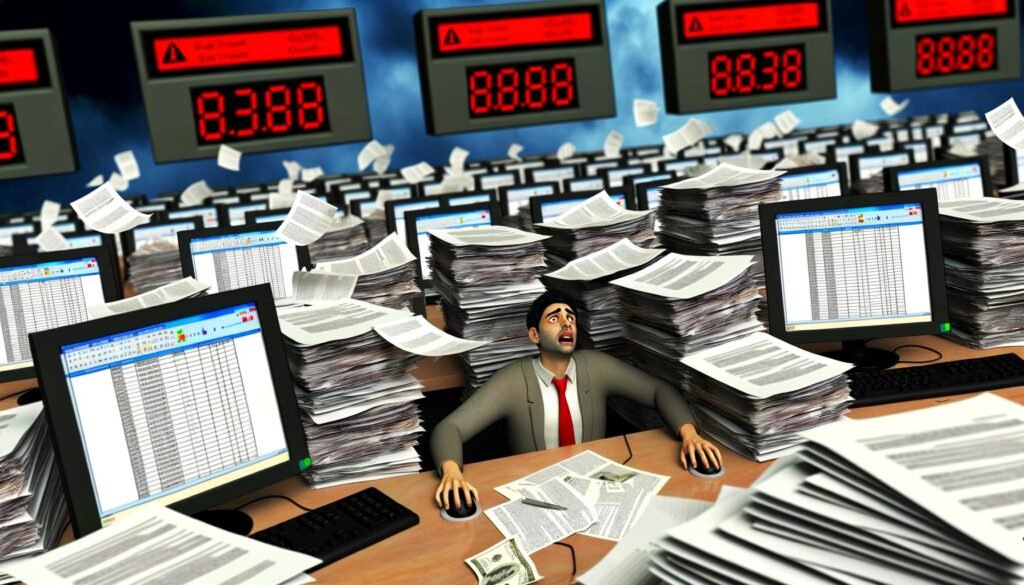 Überfülltes Büro mit verzweifeltem Manager, Papierstapeln, chaotischen Aktenordnern und verstreuten Geldscheinen, die Ressourcenverschwendung und bürokratisches Chaos im Fördermittelmanagement symbolisieren.