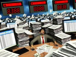 Überfülltes Büro mit verzweifeltem Manager, Papierstapeln, chaotischen Aktenordnern und verstreuten Geldscheinen, die Ressourcenverschwendung und bürokratisches Chaos im Fördermittelmanagement symbolisieren.