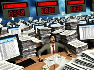 Überfülltes Büro mit verzweifeltem Manager, Papierstapeln, chaotischen Aktenordnern und verstreuten Geldscheinen, die Ressourcenverschwendung und bürokratisches Chaos im Fördermittelmanagement symbolisieren.