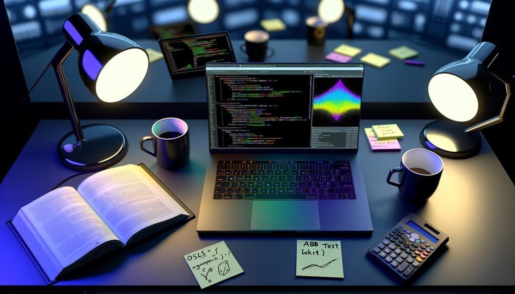 Moderner Arbeitsplatz mit Laptop, Python-Code, Statistik-Tabellen, bunten Regressionsplots, Data Science Büchern, Notizzetteln und Online-Marketing-Dashboard.