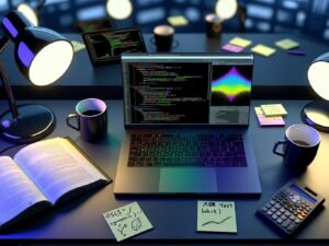 Moderner Arbeitsplatz mit Laptop, Python-Code, Statistik-Tabellen, bunten Regressionsplots, Data Science Büchern, Notizzetteln und Online-Marketing-Dashboard.