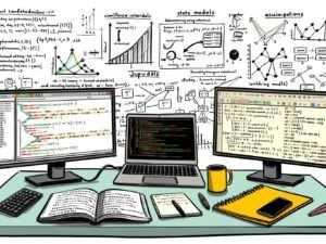 High-Tech-Arbeitsplatz mit zwei Monitoren, auf denen Python-Code und Statsmodels-Regressionen in Jupyter-Notebooks zu sehen sind. Diagramme, Notizen, Kaffeetasse und beschriftetes Whiteboard im Hintergrund.