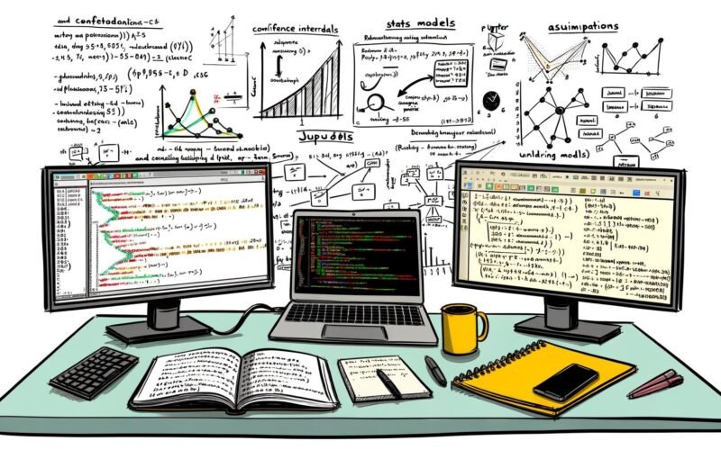 High-Tech-Arbeitsplatz mit zwei Monitoren, auf denen Python-Code und Statsmodels-Regressionen in Jupyter-Notebooks zu sehen sind. Diagramme, Notizen, Kaffeetasse und beschriftetes Whiteboard im Hintergrund.