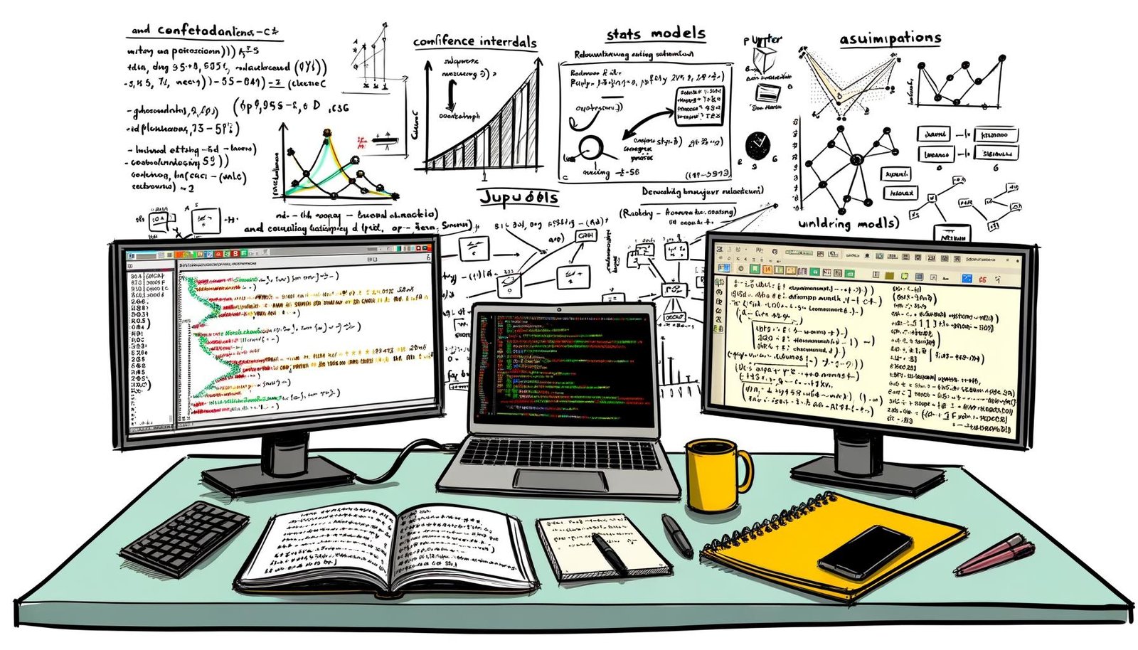 High-Tech-Arbeitsplatz mit zwei Monitoren, auf denen Python-Code und Statsmodels-Regressionen in Jupyter-Notebooks zu sehen sind. Diagramme, Notizen, Kaffeetasse und beschriftetes Whiteboard im Hintergrund.