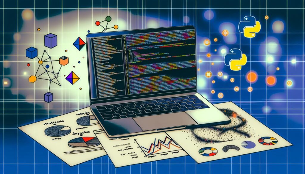 Moderner Arbeitsplatz mit Laptop, auf dem Python-Statsmodels-Code und Statistiktabellen zu sehen sind, daneben gezeichnete lineare Modelle und bunte Flat-Design-Diagramme sowie stylisierte Symbole von Python, Pandas, NumPy und SciPy.