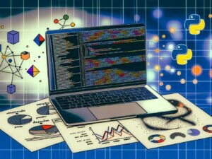 Moderner Arbeitsplatz mit Laptop, auf dem Python-Statsmodels-Code und Statistiktabellen zu sehen sind, daneben gezeichnete lineare Modelle und bunte Flat-Design-Diagramme sowie stylisierte Symbole von Python, Pandas, NumPy und SciPy.