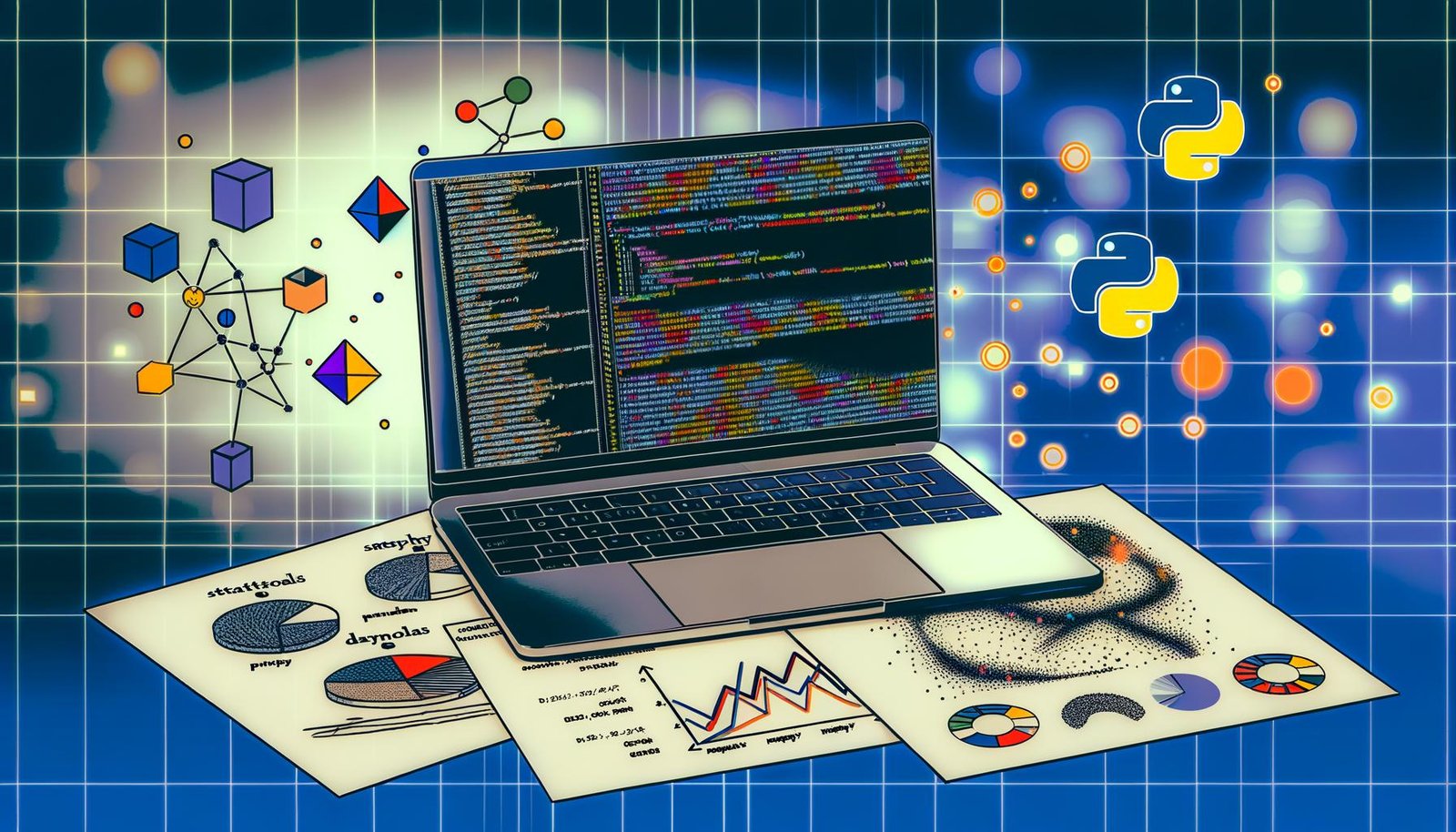 Moderner Arbeitsplatz mit Laptop, auf dem Python-Statsmodels-Code und Statistiktabellen zu sehen sind, daneben gezeichnete lineare Modelle und bunte Flat-Design-Diagramme sowie stylisierte Symbole von Python, Pandas, NumPy und SciPy.