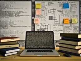 Moderner Arbeitsplatz mit Laptop, Python-Code, Statistik- und Machine-Learning-Büchern, Monitor mit Notizzetteln und Whiteboard voller Optimierungsalgorithmen.
