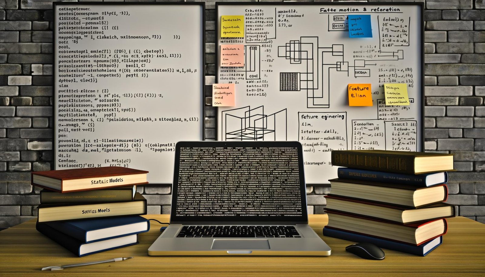 Moderner Arbeitsplatz mit Laptop, Python-Code, Statistik- und Machine-Learning-Büchern, Monitor mit Notizzetteln und Whiteboard voller Optimierungsalgorithmen.
