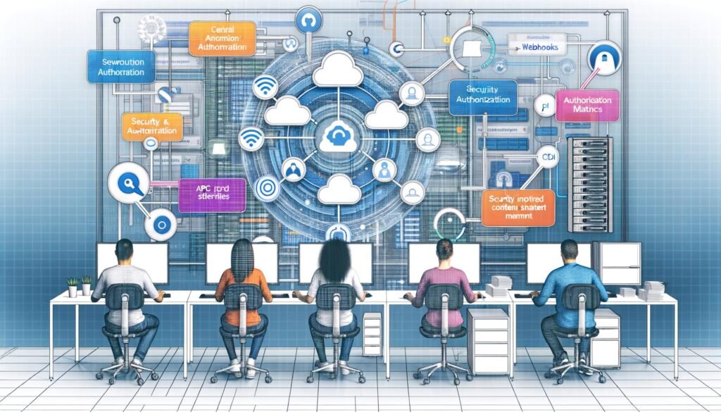 Moderne, dynamische Illustration einer digitalen Redaktion mit diversen Teammitgliedern, Interface-Elementen wie API-Symbolen, Workflows, Webhooks und Serverarchitektur im Hintergrund.