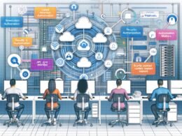 Moderne, dynamische Illustration einer digitalen Redaktion mit diversen Teammitgliedern, Interface-Elementen wie API-Symbolen, Workflows, Webhooks und Serverarchitektur im Hintergrund.
