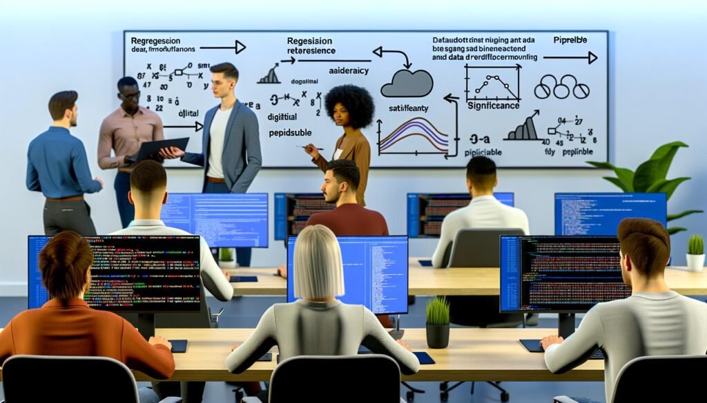 Junge, vielfältige Marketing-Fachkräfte analysieren Statistiken und Datenpipelines in Python an modernen Monitoren, Whiteboard mit Diagrammen und Fachbegriffen im Hintergrund.