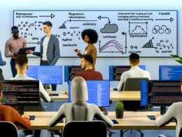 Junge, vielfältige Marketing-Fachkräfte analysieren Statistiken und Datenpipelines in Python an modernen Monitoren, Whiteboard mit Diagrammen und Fachbegriffen im Hintergrund.