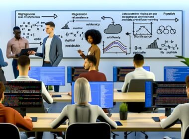 Junge, vielfältige Marketing-Fachkräfte analysieren Statistiken und Datenpipelines in Python an modernen Monitoren, Whiteboard mit Diagrammen und Fachbegriffen im Hintergrund.