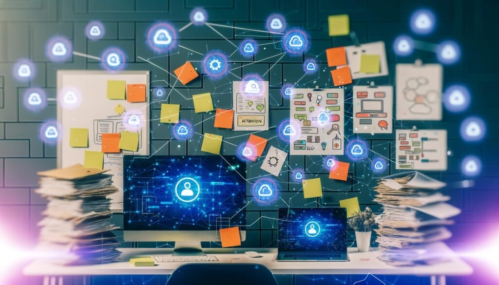 Kreatives Schreibtisch-Chaos mit Contentful-Login, Post-Its, Laptops, Workflow-Skizzen und Hightech-Icons für APIs und Webhooks.