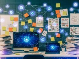 Kreatives Schreibtisch-Chaos mit Contentful-Login, Post-Its, Laptops, Workflow-Skizzen und Hightech-Icons für APIs und Webhooks.