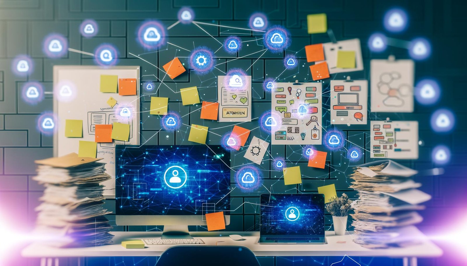 Kreatives Schreibtisch-Chaos mit Contentful-Login, Post-Its, Laptops, Workflow-Skizzen und Hightech-Icons für APIs und Webhooks.