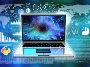 Titelbild mit Laptop, Python-IDE und komplexen statistischen Plots; umgeben von schwebenden Datenpunkten, Diagrammen und mathematischen Symbolen im modernen Techno-Farbschema. Hintergrund mit abstrakten Datenströmen und Marketing-Icons.