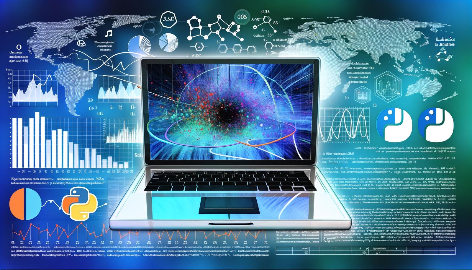Titelbild mit Laptop, Python-IDE und komplexen statistischen Plots; umgeben von schwebenden Datenpunkten, Diagrammen und mathematischen Symbolen im modernen Techno-Farbschema. Hintergrund mit abstrakten Datenströmen und Marketing-Icons.