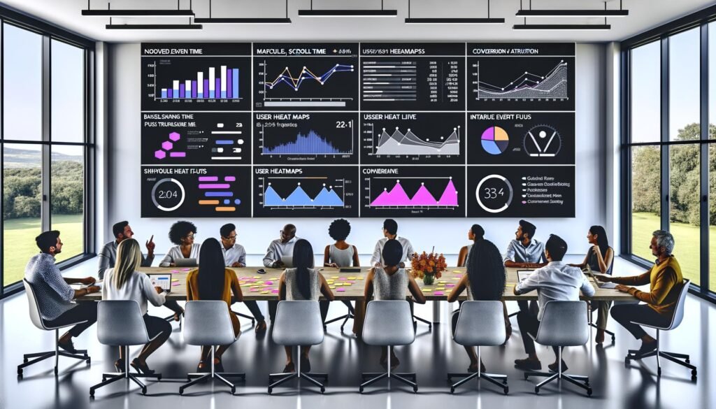 Marketingprofis analysieren detaillierte Analytics-Dashboards in einem modernen Besprechungsraum mit digitalen Geräten und bemerkenswerten Datenvisualisierungen.