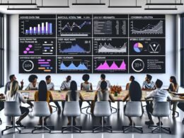 Marketingprofis analysieren detaillierte Analytics-Dashboards in einem modernen Besprechungsraum mit digitalen Geräten und bemerkenswerten Datenvisualisierungen.