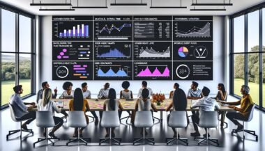 Marketingprofis analysieren detaillierte Analytics-Dashboards in einem modernen Besprechungsraum mit digitalen Geräten und bemerkenswerten Datenvisualisierungen.