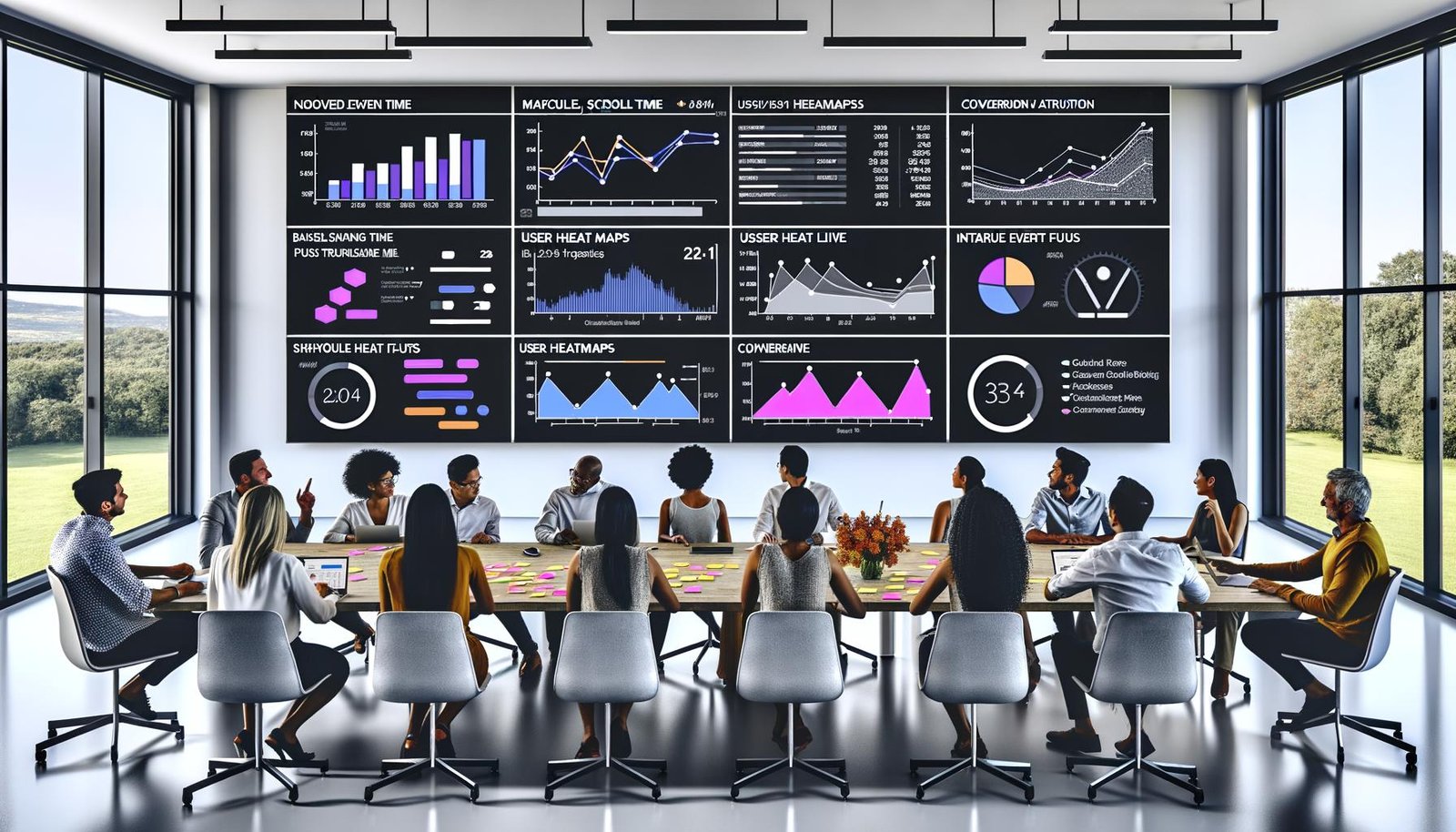 Marketingprofis analysieren detaillierte Analytics-Dashboards in einem modernen Besprechungsraum mit digitalen Geräten und bemerkenswerten Datenvisualisierungen.