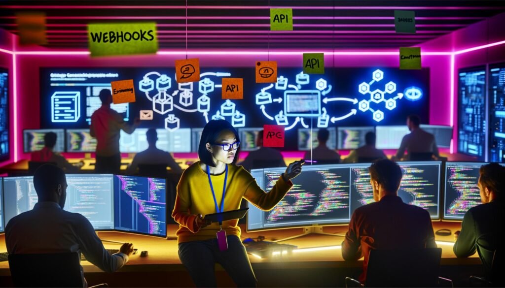 Software-Ingenieur skizziert komplexes Datenmodell auf Tablet, umgeben von Notizen mit Beschriftungen wie Webhooks, API und Environment; im Hintergrund Monitore mit Code und Dashboards in einem dynamischen Kontrollraum.
