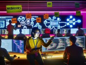 Software-Ingenieur skizziert komplexes Datenmodell auf Tablet, umgeben von Notizen mit Beschriftungen wie Webhooks, API und Environment; im Hintergrund Monitore mit Code und Dashboards in einem dynamischen Kontrollraum.