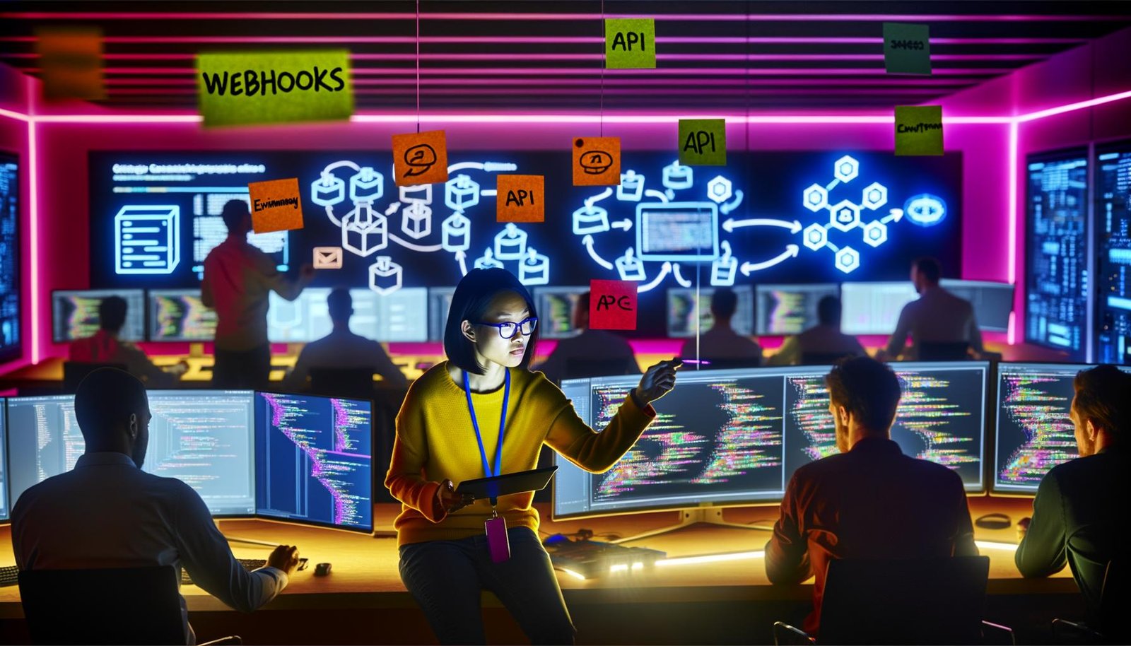 Software-Ingenieur skizziert komplexes Datenmodell auf Tablet, umgeben von Notizen mit Beschriftungen wie Webhooks, API und Environment; im Hintergrund Monitore mit Code und Dashboards in einem dynamischen Kontrollraum.