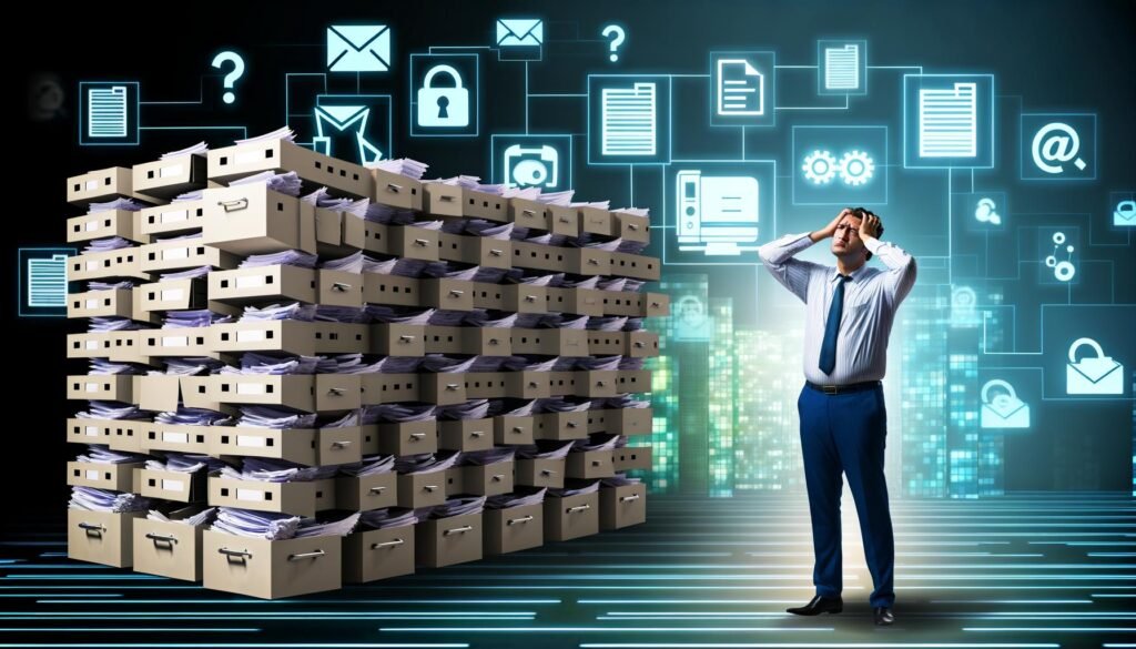 Geschäftsperson steht verzweifelt vor einem großen Labyrinth aus Formularen, Aktenschränken und digitalen Blockaden, die den Weg in eine innovative Stadt versperren.