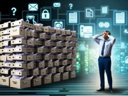 Geschäftsperson steht verzweifelt vor einem großen Labyrinth aus Formularen, Aktenschränken und digitalen Blockaden, die den Weg in eine innovative Stadt versperren.