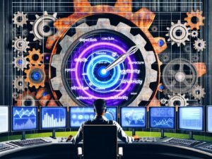 Moderne Illustration eines industriellen Maschinenraums mit einem Digital-Marketing-Experten, der an einer Schaltzentrale arbeitet. Zahnräder, Datenströme und Monitore mit SEO-Begriffen und Diagrammen sind sichtbar.