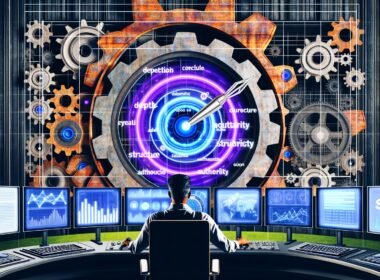 Moderne Illustration eines industriellen Maschinenraums mit einem Digital-Marketing-Experten, der an einer Schaltzentrale arbeitet. Zahnräder, Datenströme und Monitore mit SEO-Begriffen und Diagrammen sind sichtbar.