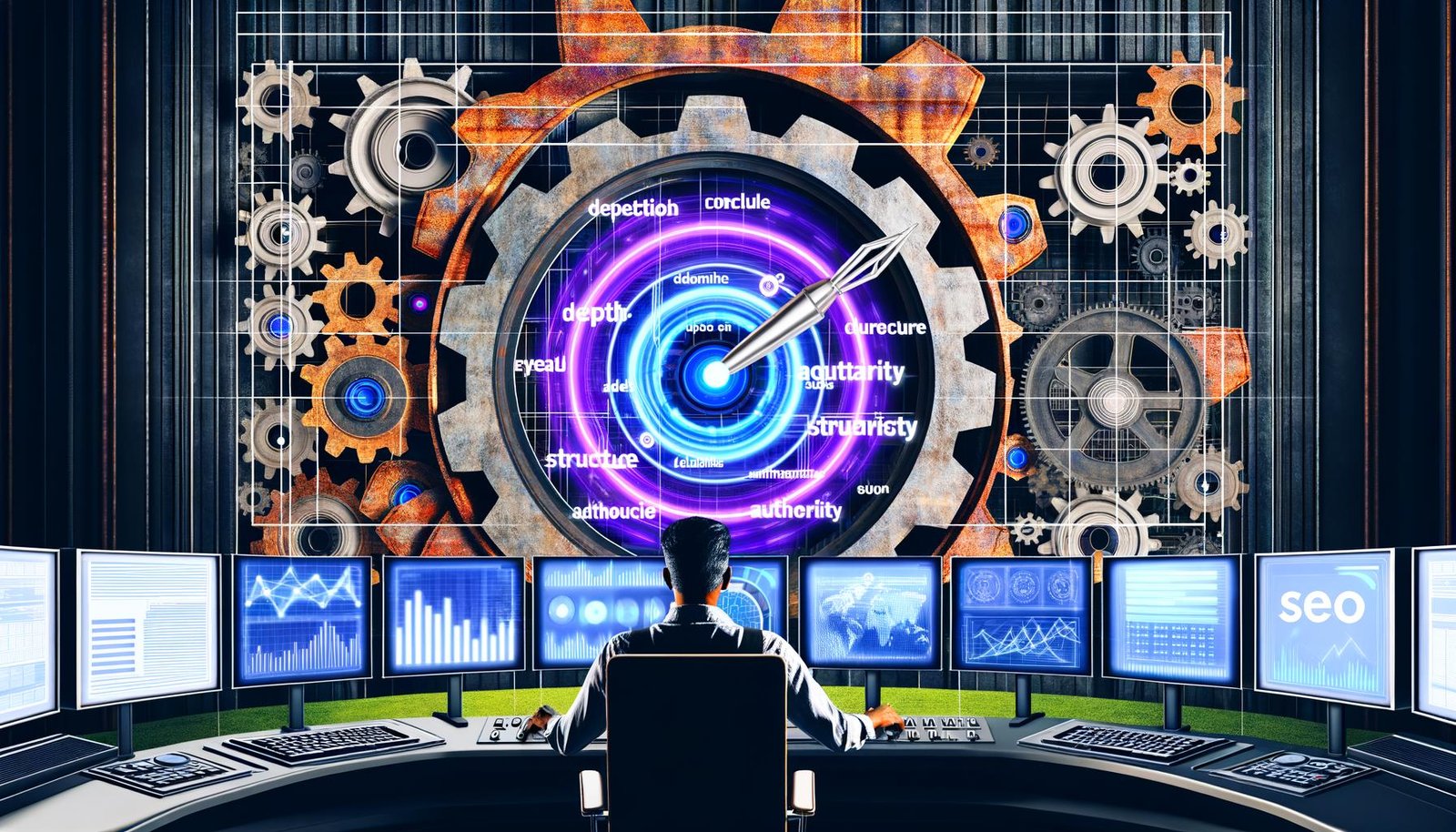Moderne Illustration eines industriellen Maschinenraums mit einem Digital-Marketing-Experten, der an einer Schaltzentrale arbeitet. Zahnräder, Datenströme und Monitore mit SEO-Begriffen und Diagrammen sind sichtbar.