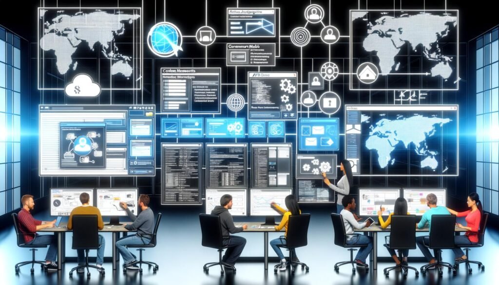 Hightech-Arbeitsplatz mit digitalen Oberflächen, auf denen CMS-Dashboards, API-Schemas und globale Projektmanagement-Panels zu sehen sind. IT-Profis arbeiten zusammen, um Content-Modelle zu visualisieren und API-Integrationen zu managen.