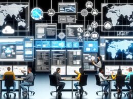 Hightech-Arbeitsplatz mit digitalen Oberflächen, auf denen CMS-Dashboards, API-Schemas und globale Projektmanagement-Panels zu sehen sind. IT-Profis arbeiten zusammen, um Content-Modelle zu visualisieren und API-Integrationen zu managen.