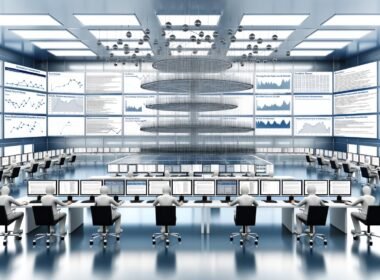 Futuristische, aufgeräumte Redaktion mit großem digitalen Dashboard, Monitoren voller Content-Charts und einem Team aus Content-Strategen, das an einem strukturierten Longform Content System arbeitet.