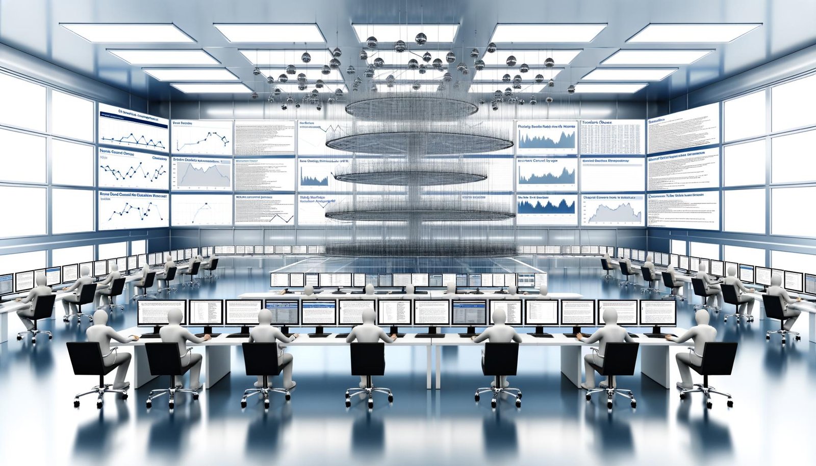 Futuristische, aufgeräumte Redaktion mit großem digitalen Dashboard, Monitoren voller Content-Charts und einem Team aus Content-Strategen, das an einem strukturierten Longform Content System arbeitet.