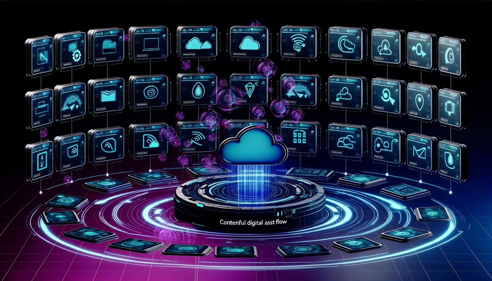 Stilisierte Illustration eines futuristischen digitalen Steuerzentrums mit dunklen Oberflächen, schwebenden Screens, Metadaten-Tagging, Workflow-Prozessen und leuchtenden Icons für Speicher und Medien um den Kern 'Contentful Digital Asset Flow'.