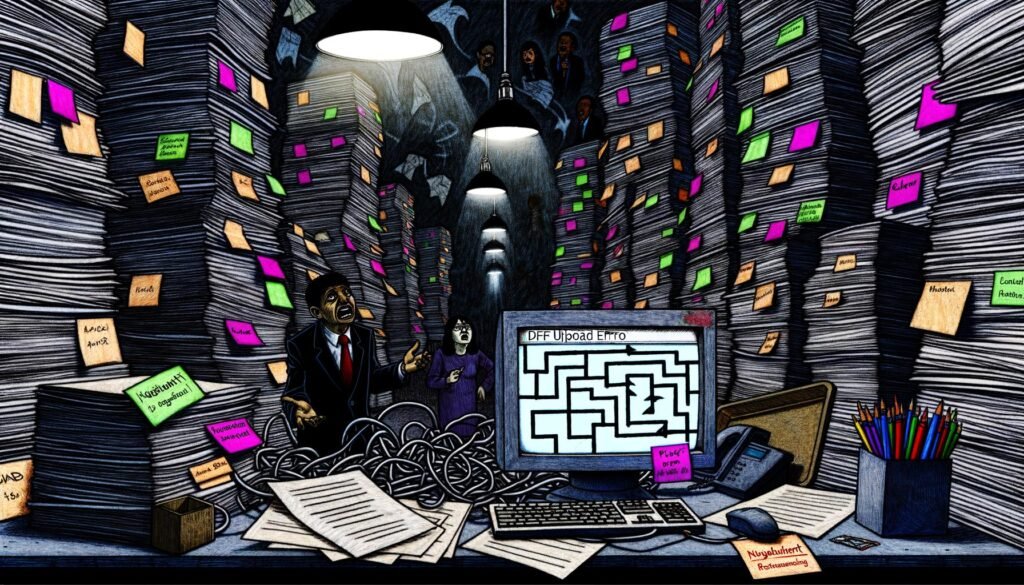 Überfüllter Schreibtisch mit Papierstapeln, Kabelwirrwarr und flackerndem Computerbildschirm mit PDF-Fehlermeldung, im Hintergrund Schattenfiguren und ein verzweifelter Startup-Gründer vor einem verworrenen Flowchart.