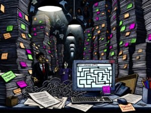 Überfüllter Schreibtisch mit Papierstapeln, Kabelwirrwarr und flackerndem Computerbildschirm mit PDF-Fehlermeldung, im Hintergrund Schattenfiguren und ein verzweifelter Startup-Gründer vor einem verworrenen Flowchart.