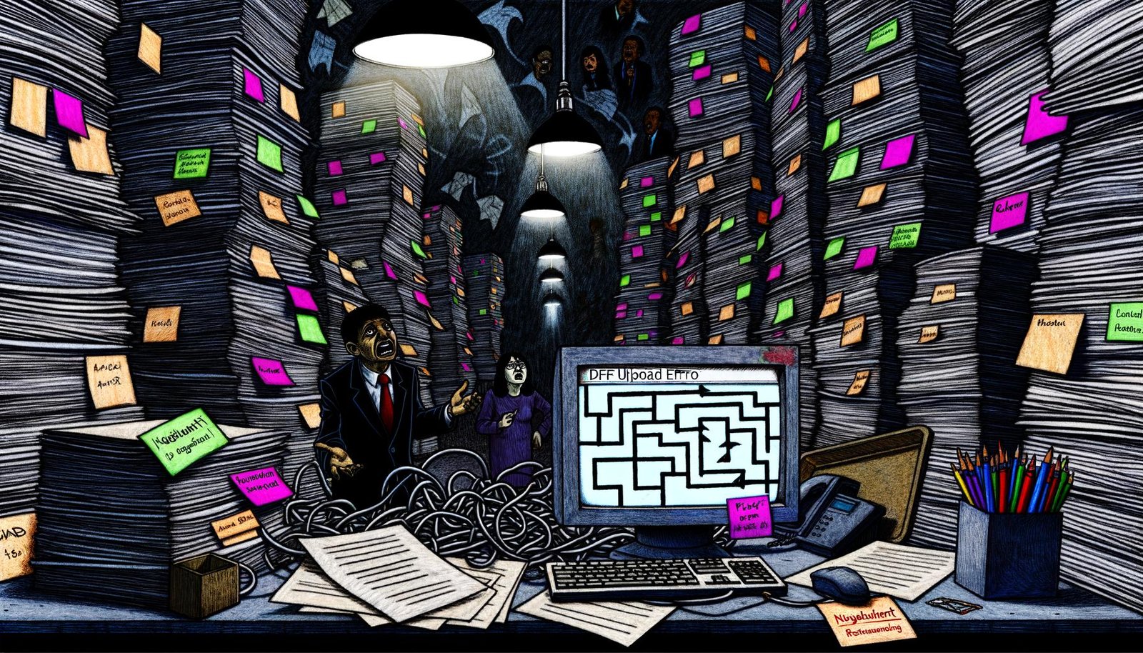 Überfüllter Schreibtisch mit Papierstapeln, Kabelwirrwarr und flackerndem Computerbildschirm mit PDF-Fehlermeldung, im Hintergrund Schattenfiguren und ein verzweifelter Startup-Gründer vor einem verworrenen Flowchart.