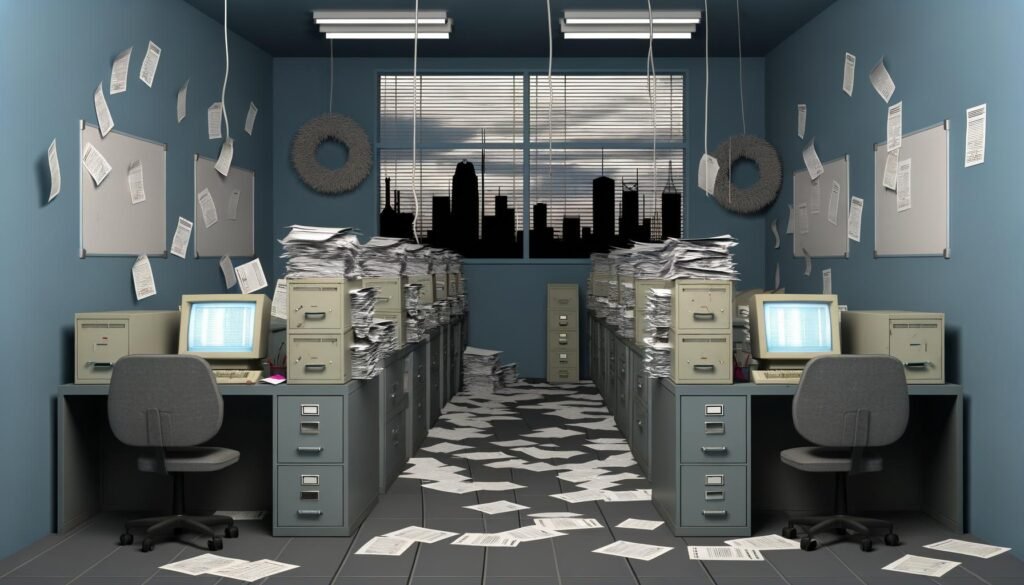 Grau-blaues, überfülltes Büro der 90er mit Aktenbergen, Papieren, alten Computern und gestressten Mitarbeitern vor einer Fensterreflexion einer modernen Stadt.