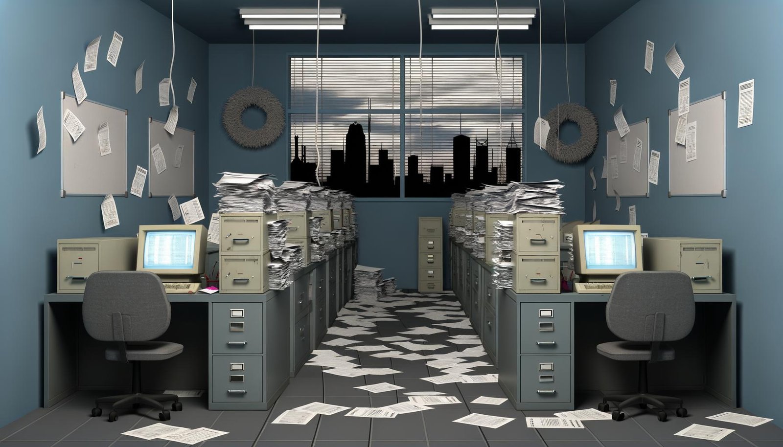Grau-blaues, überfülltes Büro der 90er mit Aktenbergen, Papieren, alten Computern und gestressten Mitarbeitern vor einer Fensterreflexion einer modernen Stadt.
