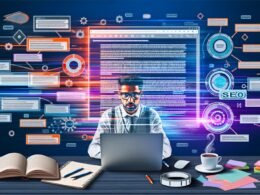 Content-Creator an Laptop mit mehreren Monitoren, Notizen, digitalen Tools und modernen SEO-Symbolen im urbanen Online-Marketing-Setting