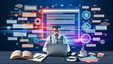 Content-Creator an Laptop mit mehreren Monitoren, Notizen, digitalen Tools und modernen SEO-Symbolen im urbanen Online-Marketing-Setting