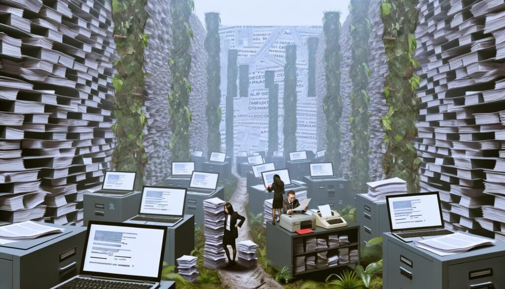 Ein Startup-Team ringt im Zentrum eines chaotischen Aktenlabyrinths mit überlangen Formularen und Bürokratie, umgeben von Ordnern, Papierstapeln sowie alten und neuen Computern.