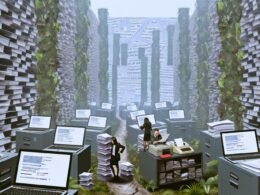 Ein Startup-Team ringt im Zentrum eines chaotischen Aktenlabyrinths mit überlangen Formularen und Bürokratie, umgeben von Ordnern, Papierstapeln sowie alten und neuen Computern.