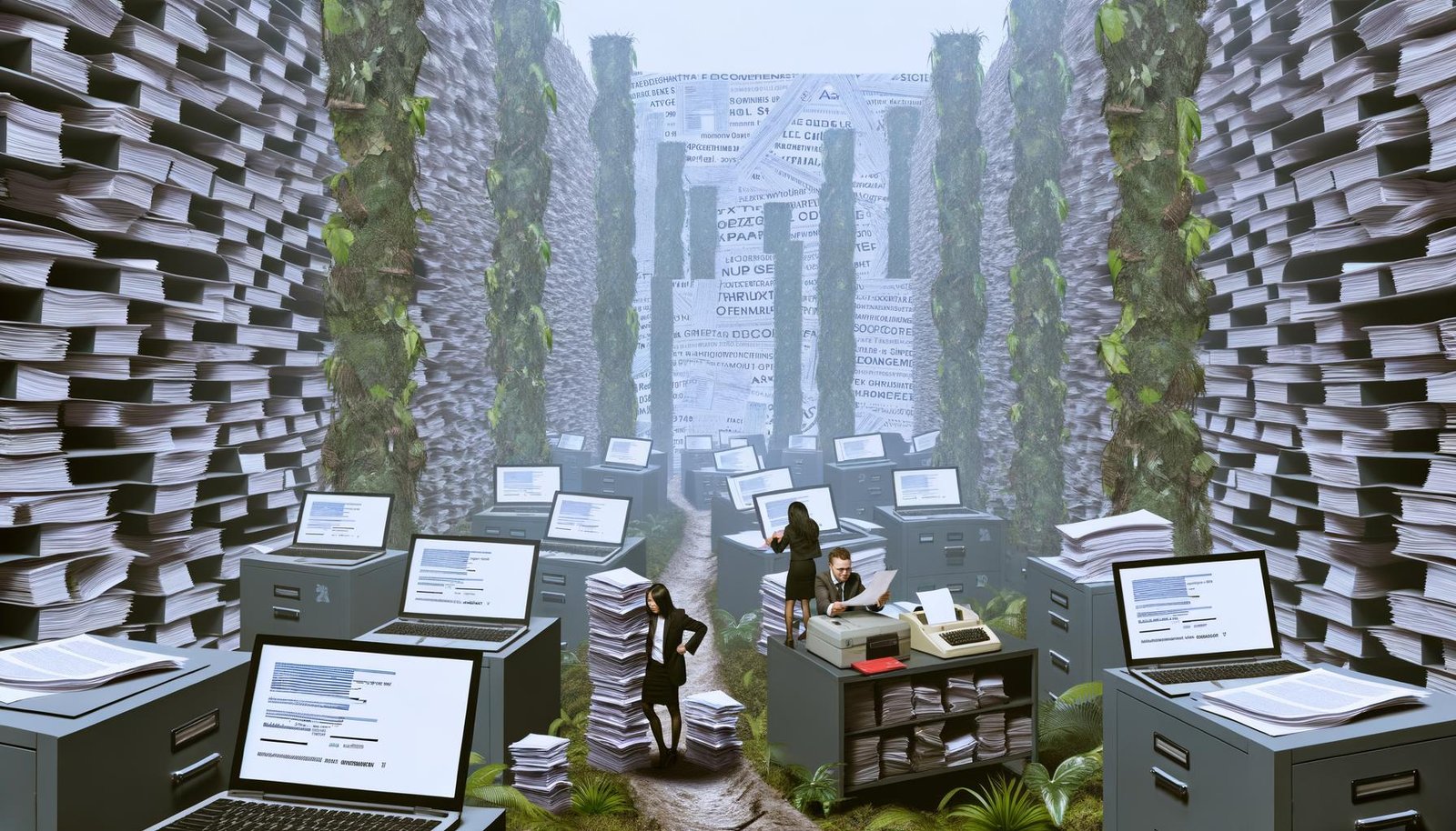 Ein Startup-Team ringt im Zentrum eines chaotischen Aktenlabyrinths mit überlangen Formularen und Bürokratie, umgeben von Ordnern, Papierstapeln sowie alten und neuen Computern.